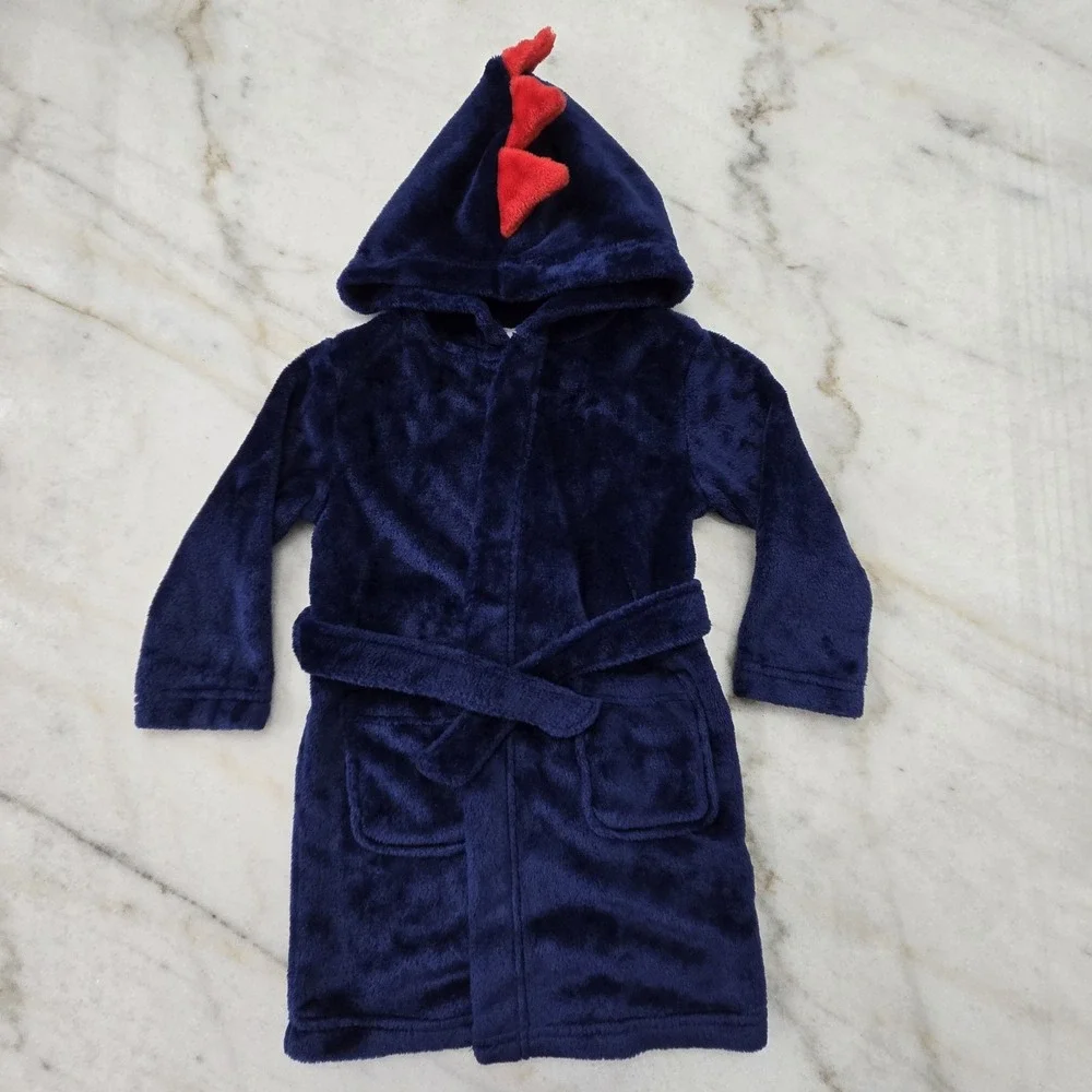 Okie Dokie Cozy Fleece Bath Robe Boys 2T‎ Hooded Dinosaur Themed w/Pockets Blue